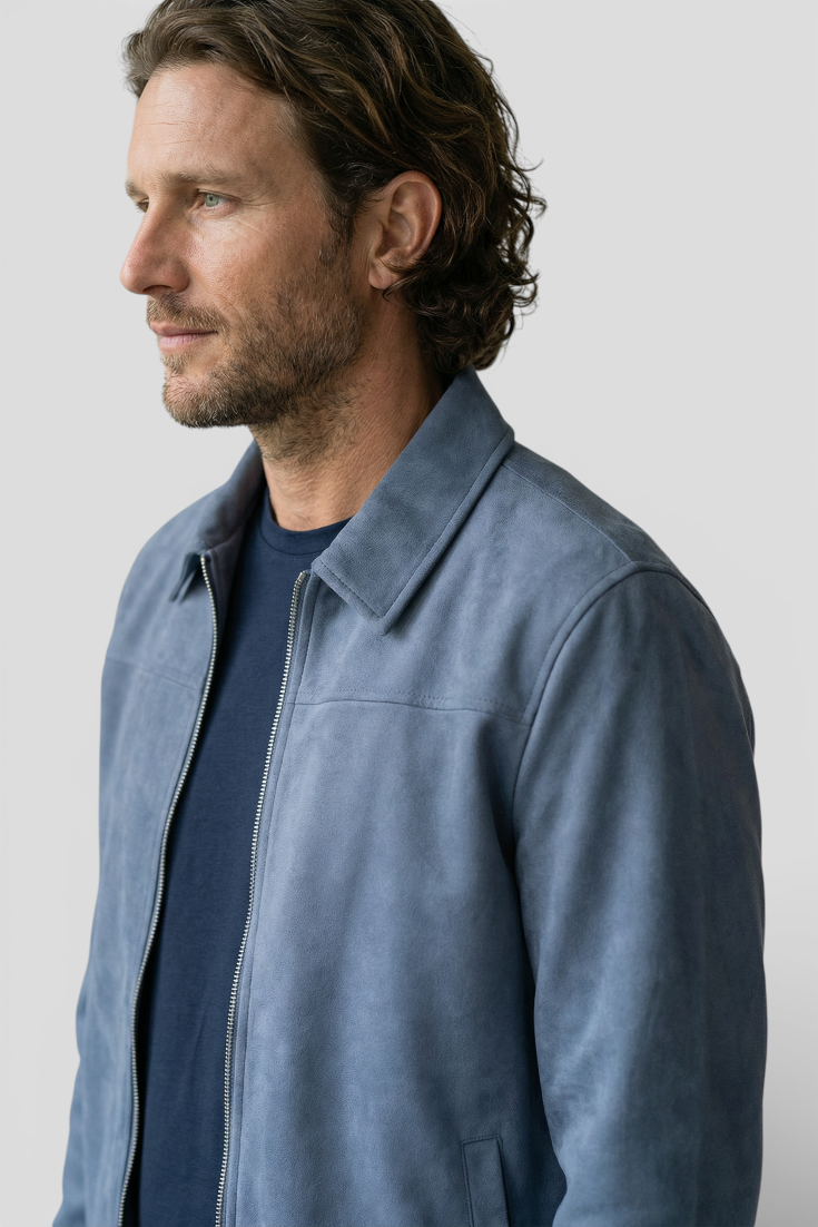 Dusty Blue Suede Jakke til Mænd – Elegant og Alsidig Hverdagsjakke