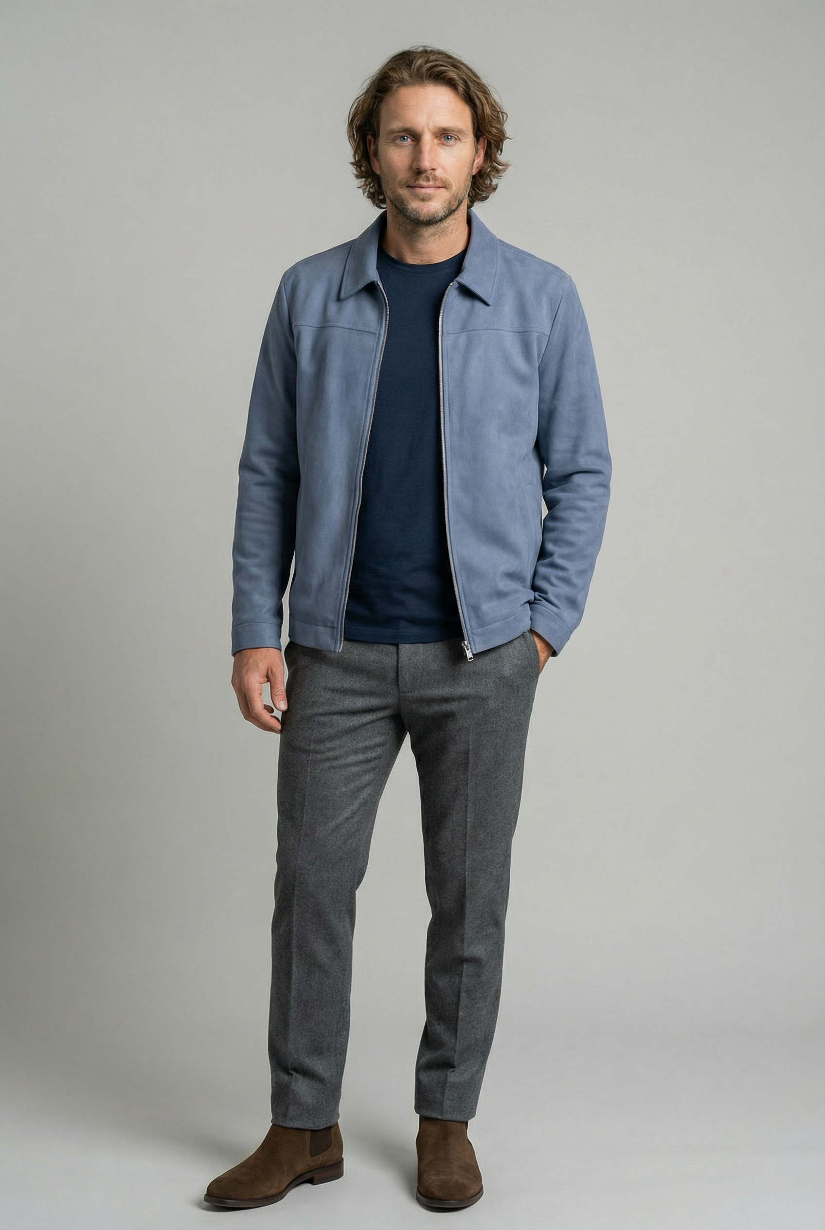 Dusty Blue Suede Jakke til Mænd – Elegant og Alsidig Hverdagsjakke