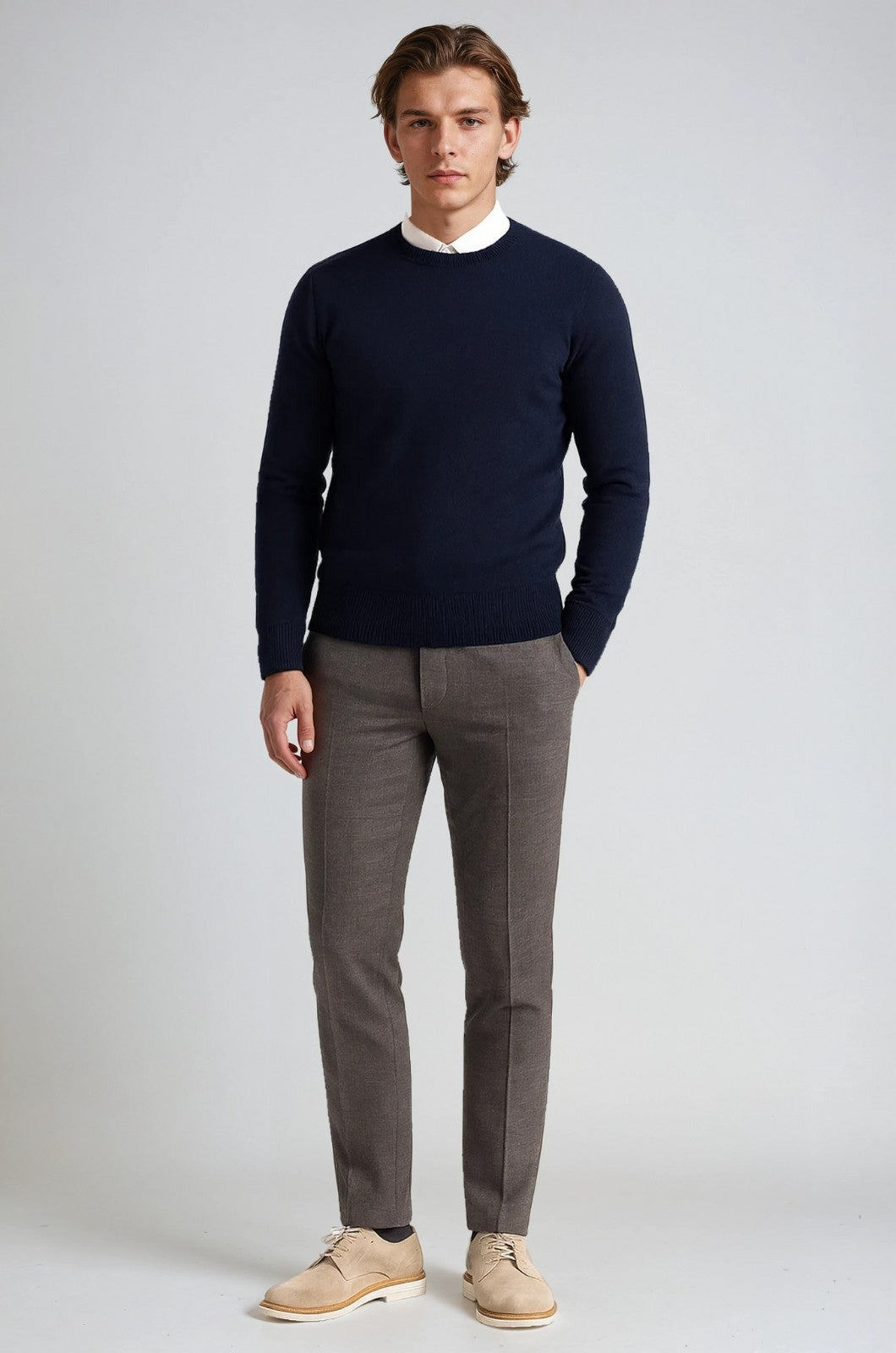 Herre Klassisk Crew Neck Pullover Sweater – Ensfarvet, Ribdetaljer, Casual Fit – Navy - - Sweater - Valmont Wear