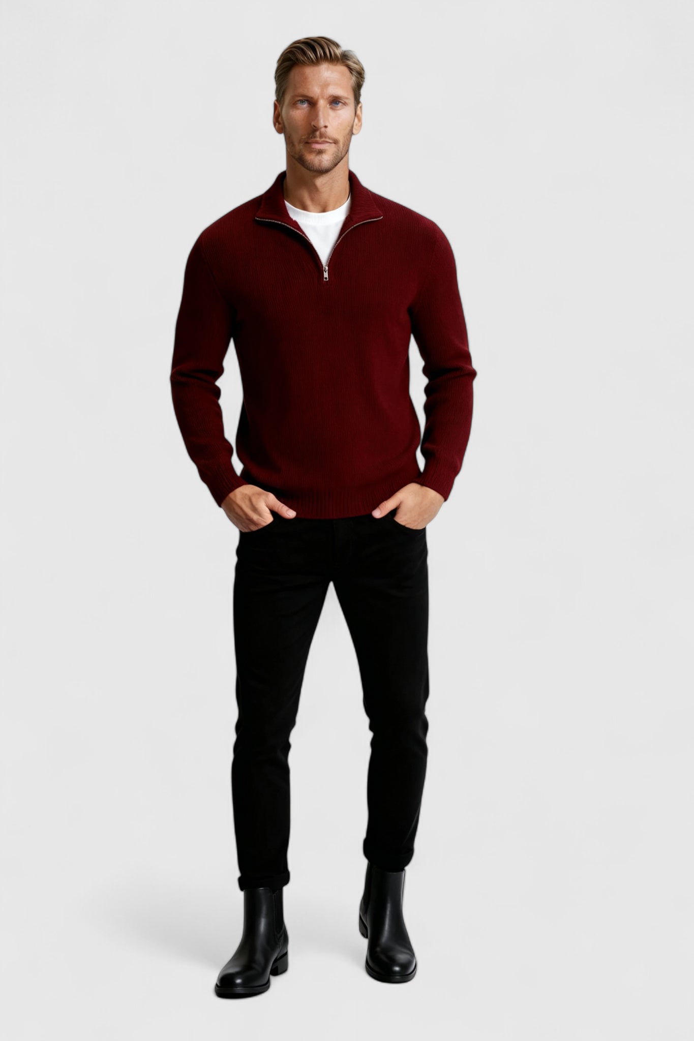 Herre Half-Zip Striktrøje med Ståkrave – Bourgogne