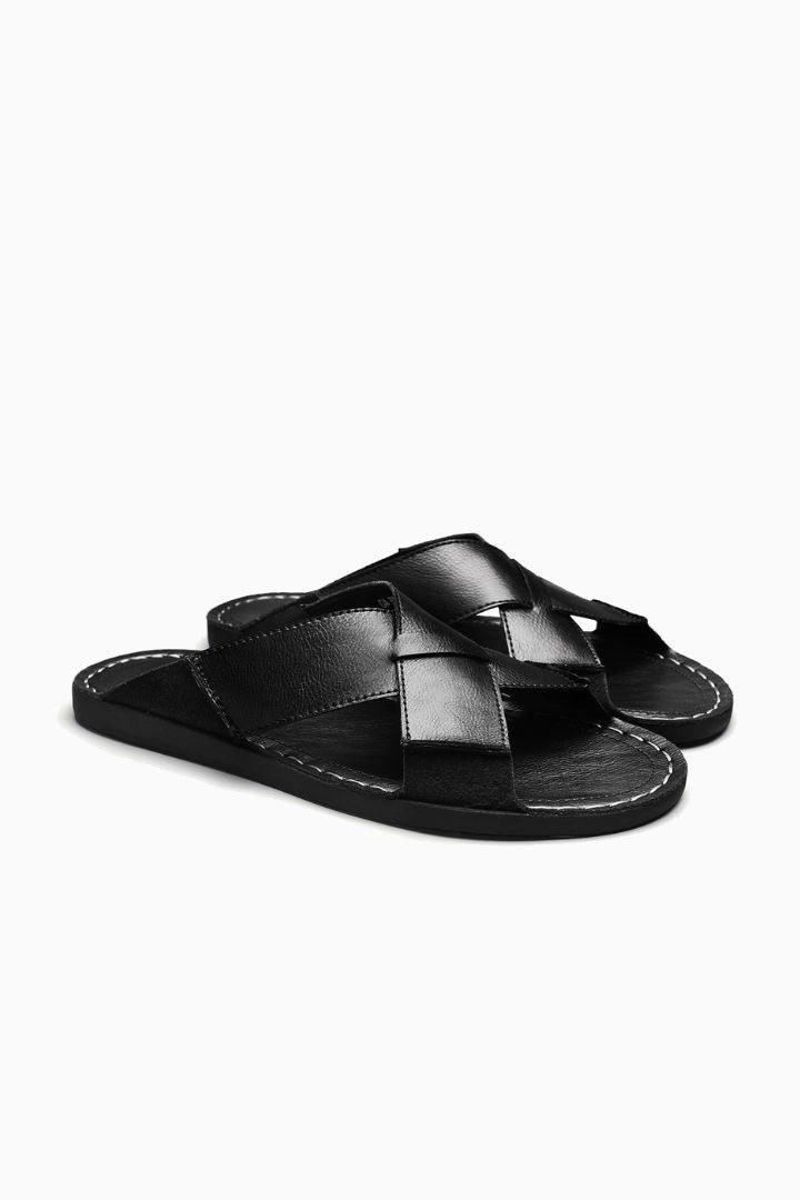 Herresandaler i Sort Læder - Krydsrem Slip-On Komfort