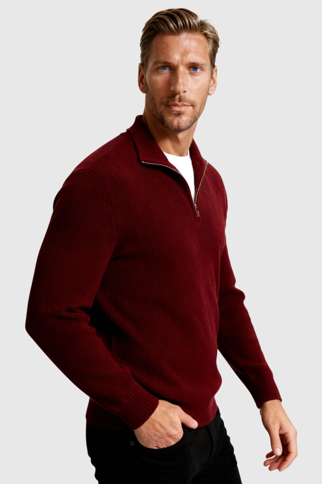 Herre Half-Zip Striktrøje med Ståkrave – Bourgogne