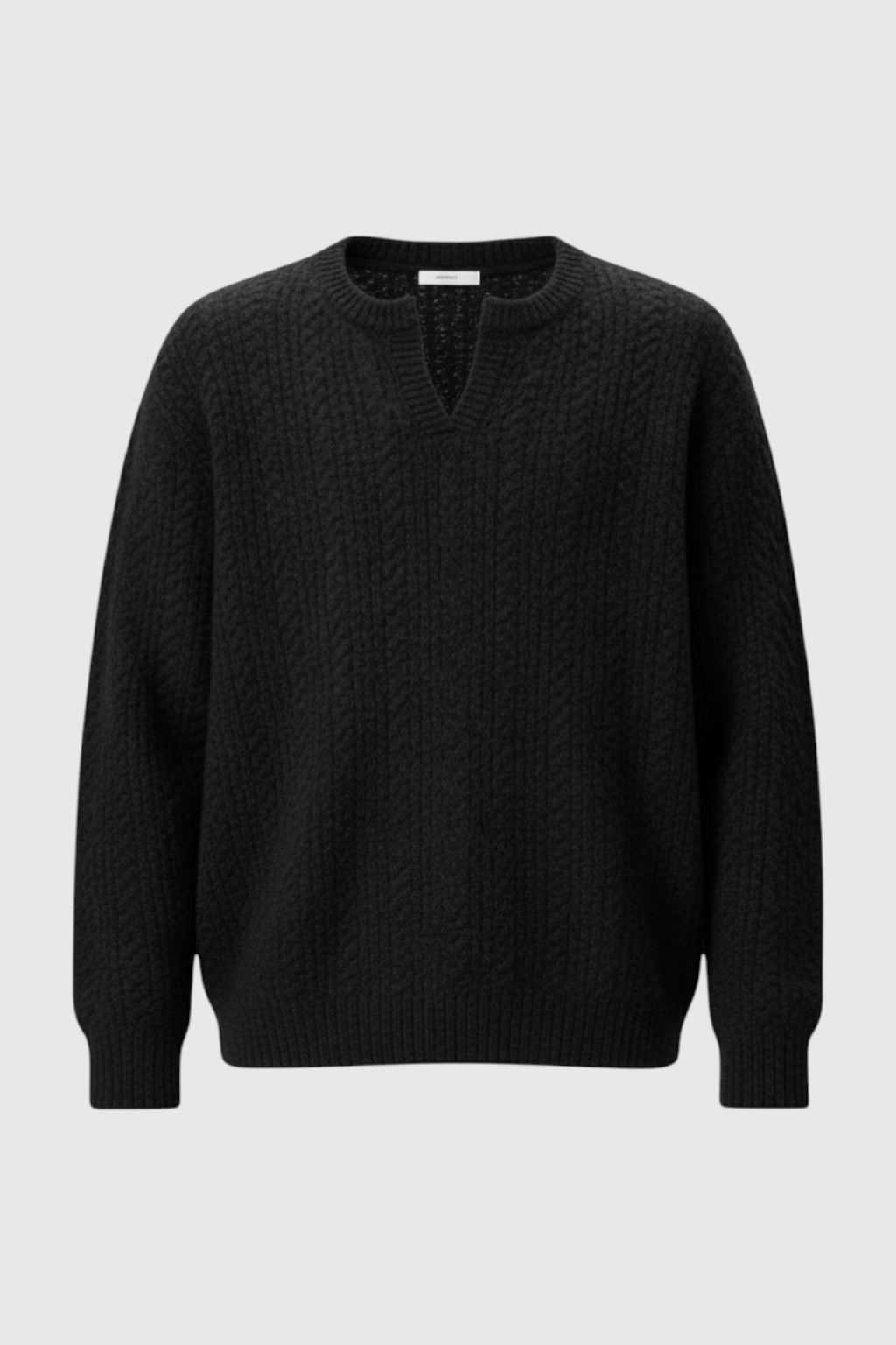 Herrestrik – Kabelstrikket Sweater med Lille V-Hals – Graphite Black