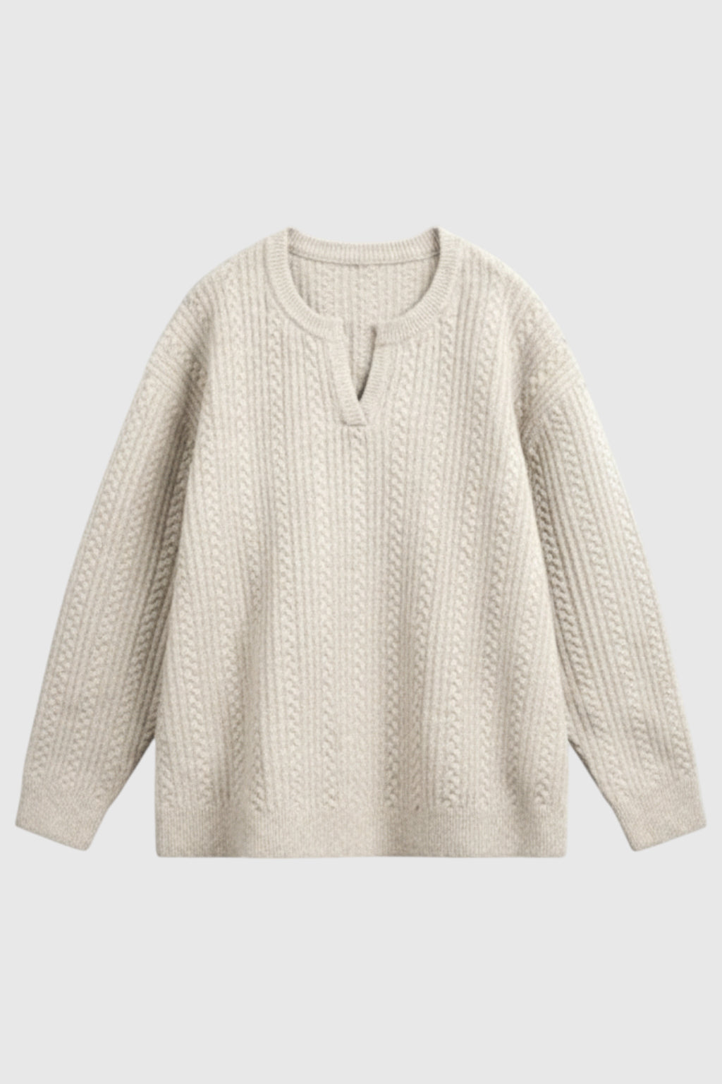 Herrestrik – Kabelstrikket Sweater med Lille V-Hals – Oatmeal