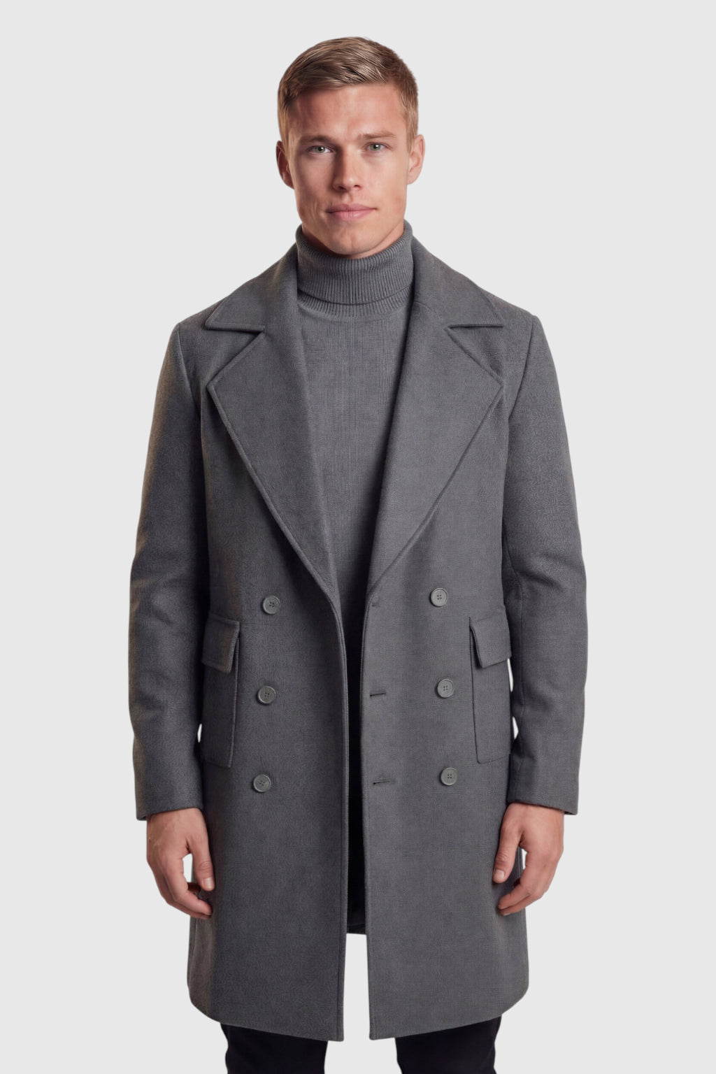 Herre Dobbeltradet Grå Uldfrakke med Klaplommer