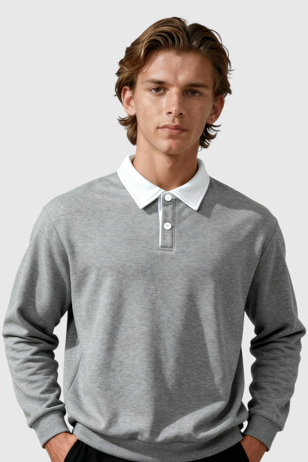 Herre Sweatshirt med Kontrastkrave og Polokrave – Grå