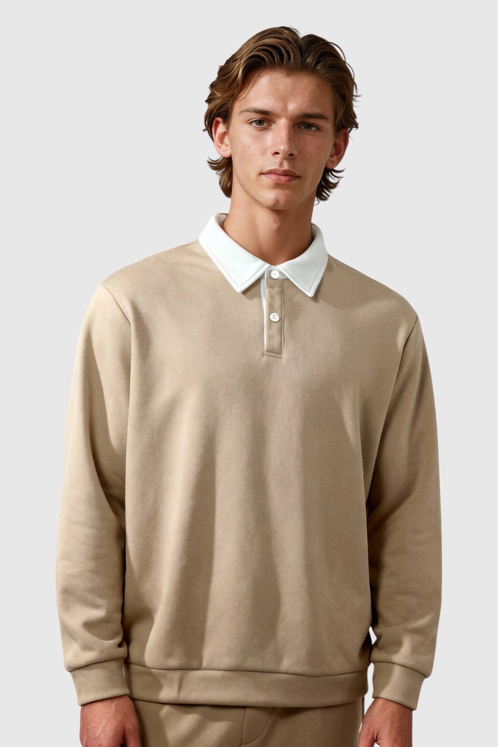 Herre Sweatshirt med Kontrastkrave og Polokrave – Beige