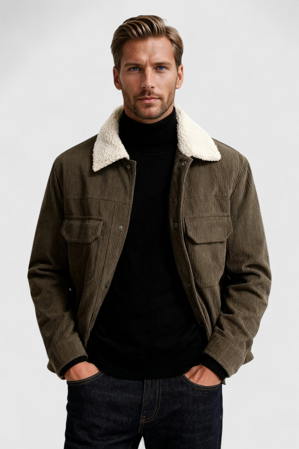 Herrejakke i fløjl med sherpa-krave og trykknapper - Kaffebrun - Kaffebrun - Jakker - Valmont Wear