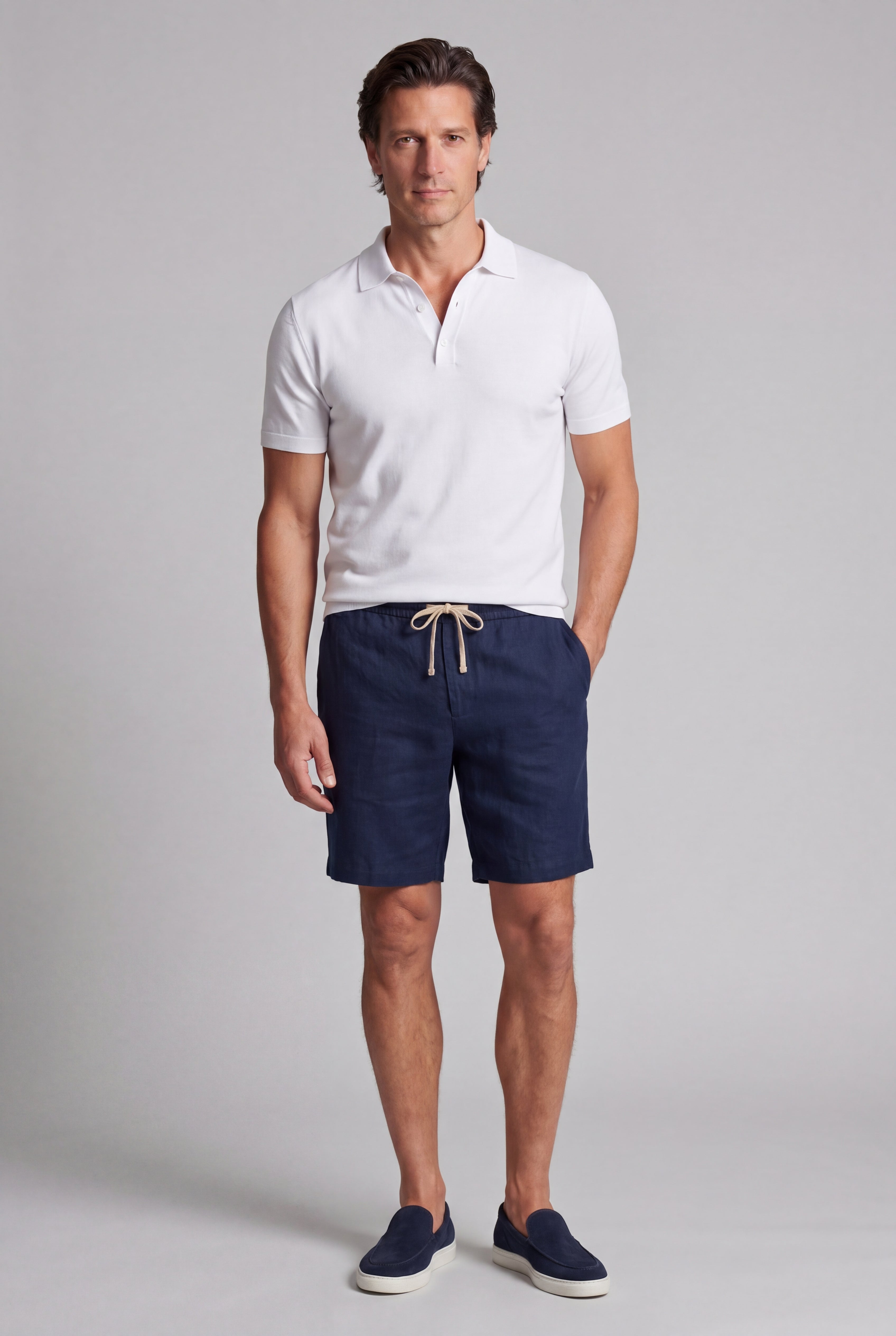 Komplettes Sommer-Set Herren - Strick-Poloshirt, Leinen-Shorts & Wildleder-Loafer - Cremeweiß & Marineblau