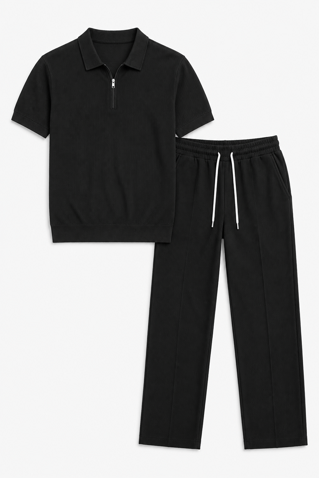 Conjunto de dos piezas para hombre con camisa estructurada con cremallera y pantalones.