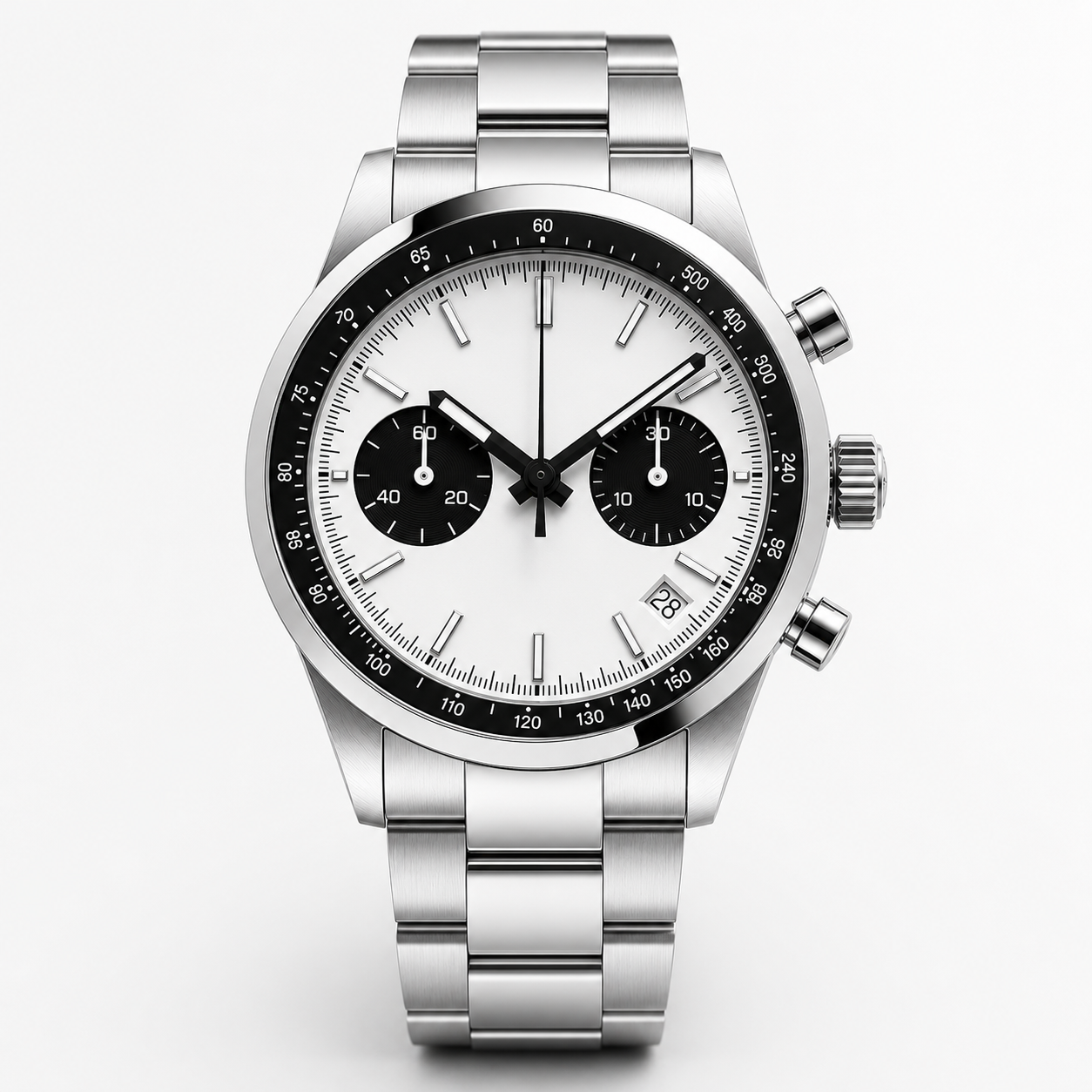 Orologio Cronografo da Uomo – Quadrante Panda Bianco con Due Contatori, Lunetta Tachymètre, Acciaio Inox