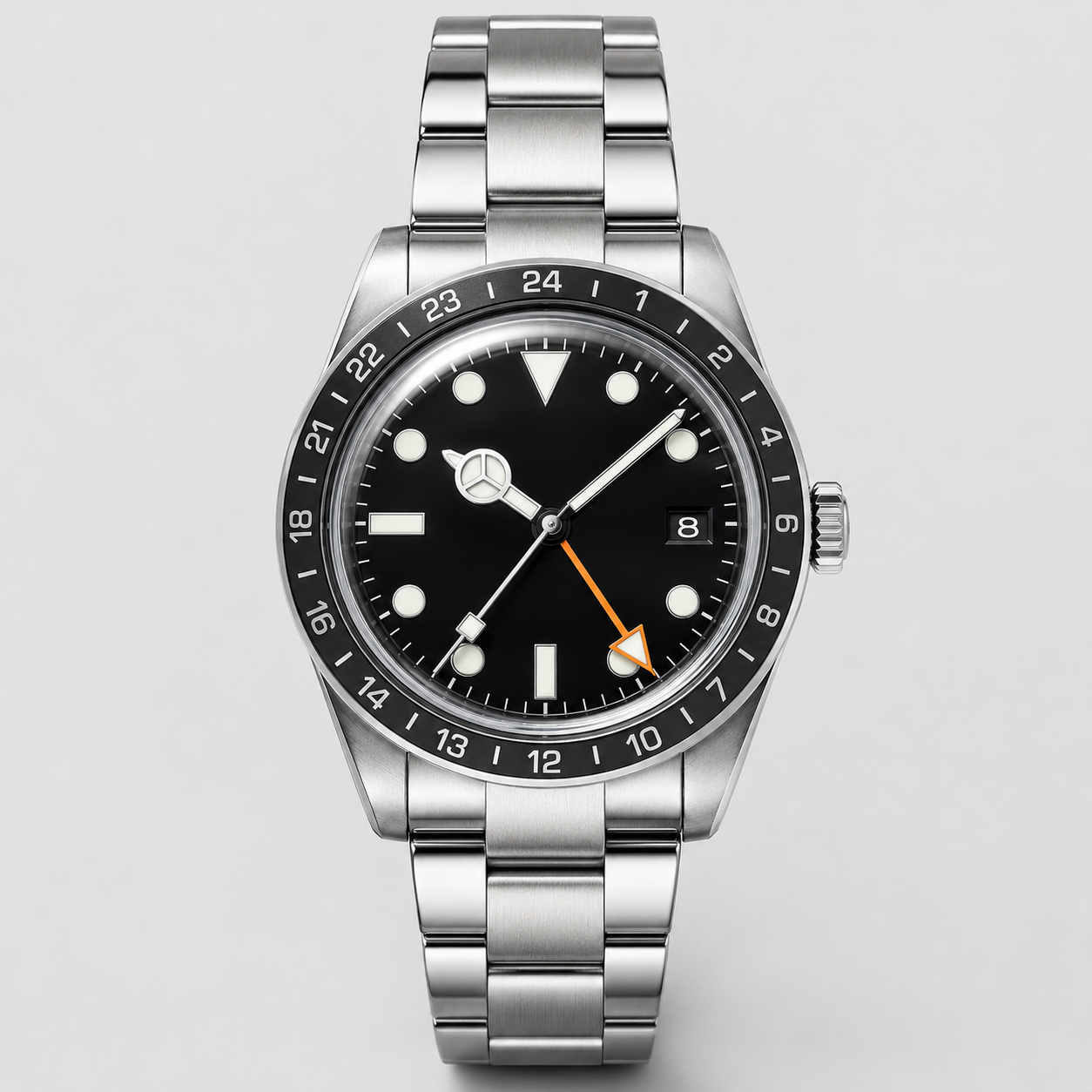 GMT herenhorloge – Zwarte wijzerplaat met 24-uurs lijst, bol glas en luminescente indexen in roestvrij staal