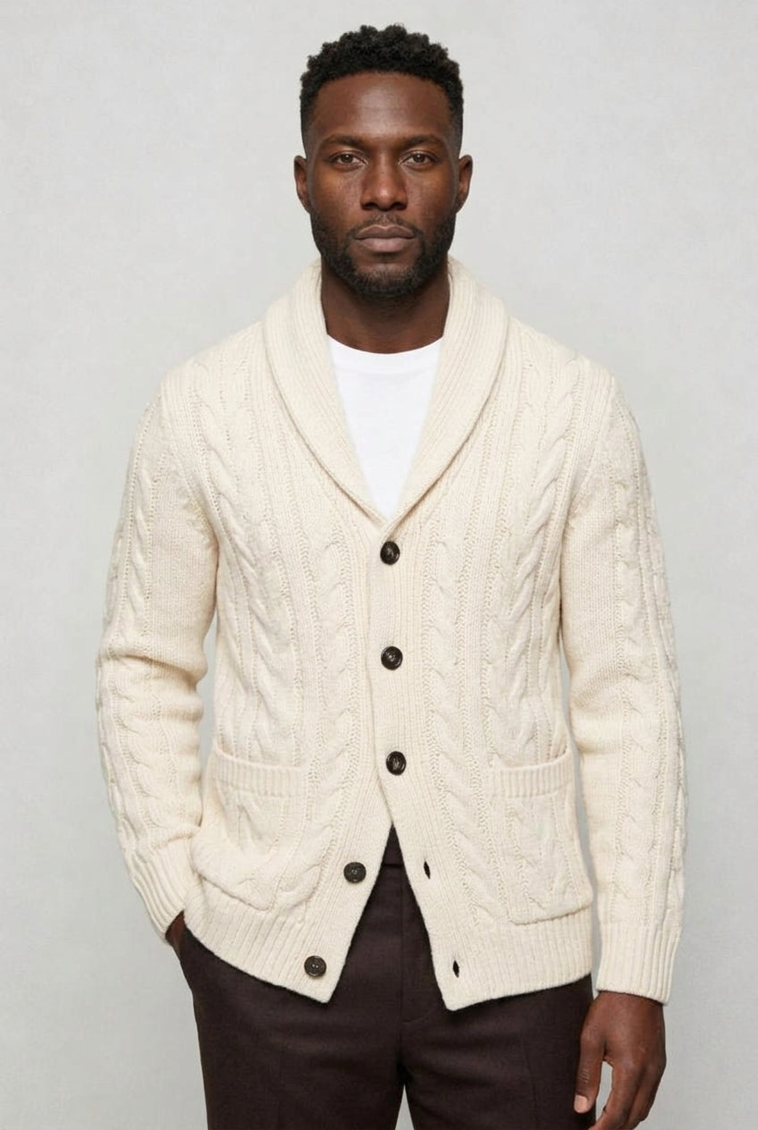 Valmont Wear cremehvid strikket cardigan med sjalskrave editorial image 2