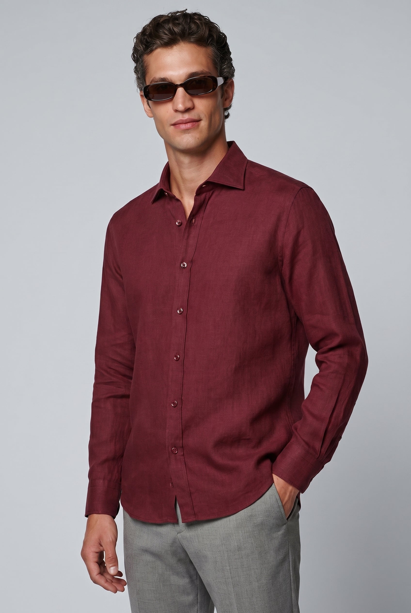 Linskjorte til Mænd - Bordeaux - Lin - Regular Fit - frame 1