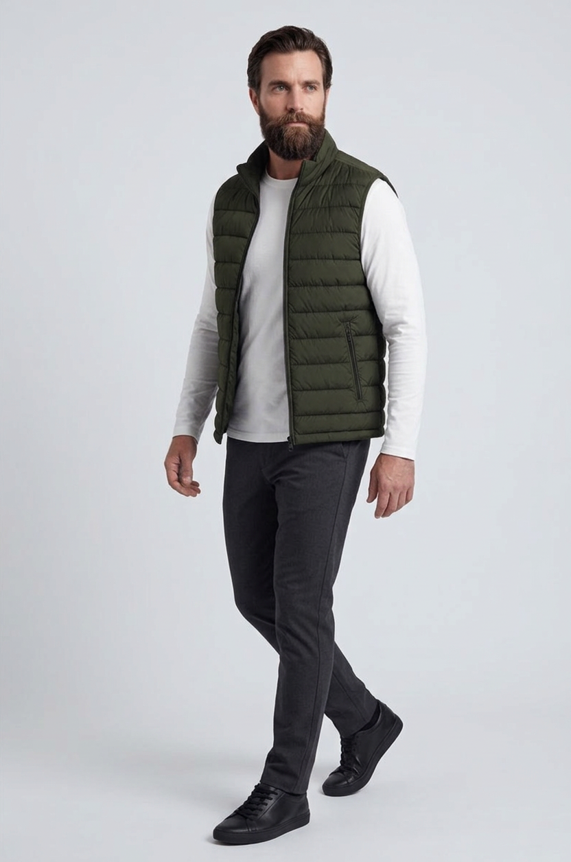 Premium Herre Mørk armygrøn Puffervest - 03 full body zoomed