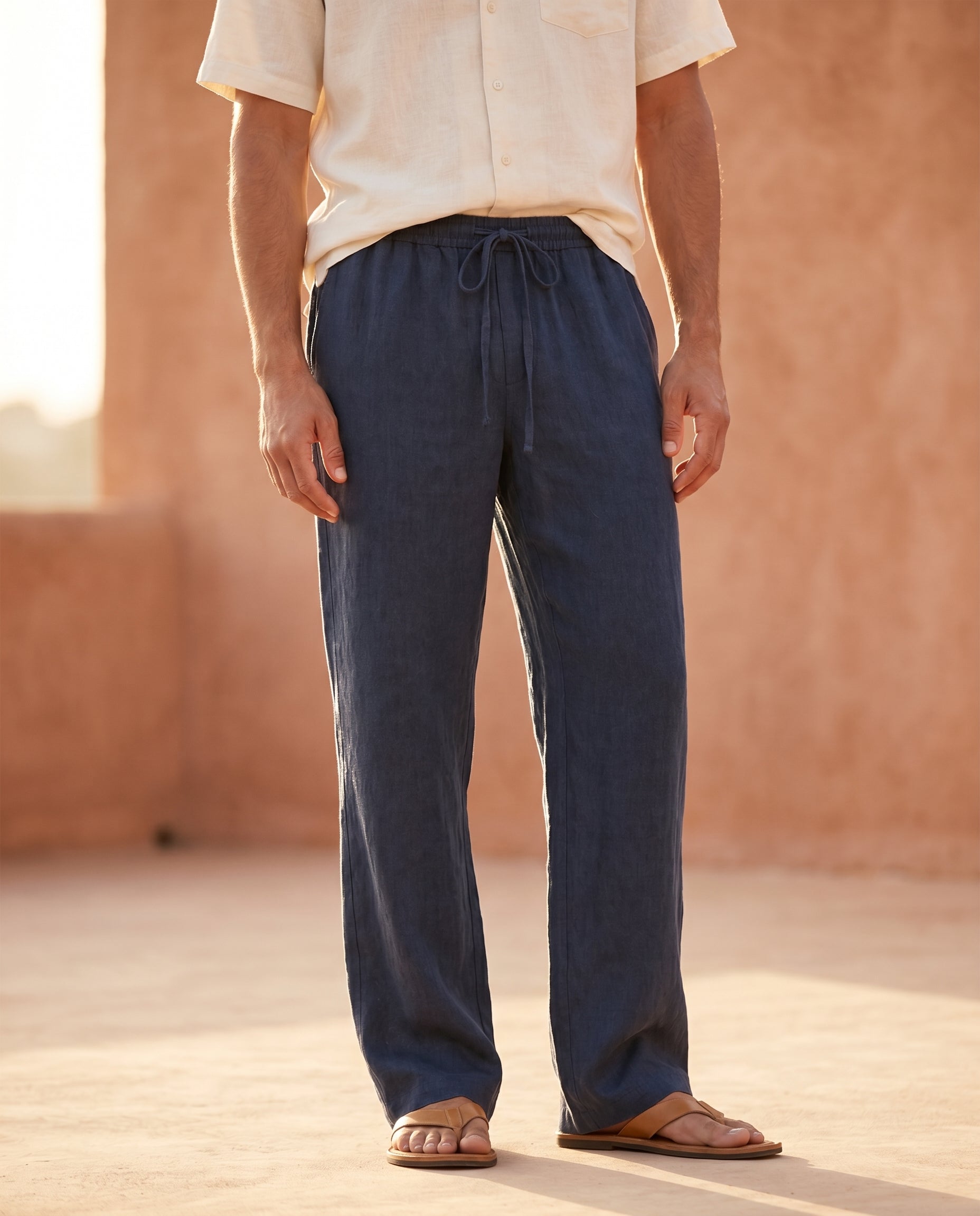 Herrebukser i linned-look marineblå — Valmont Wear