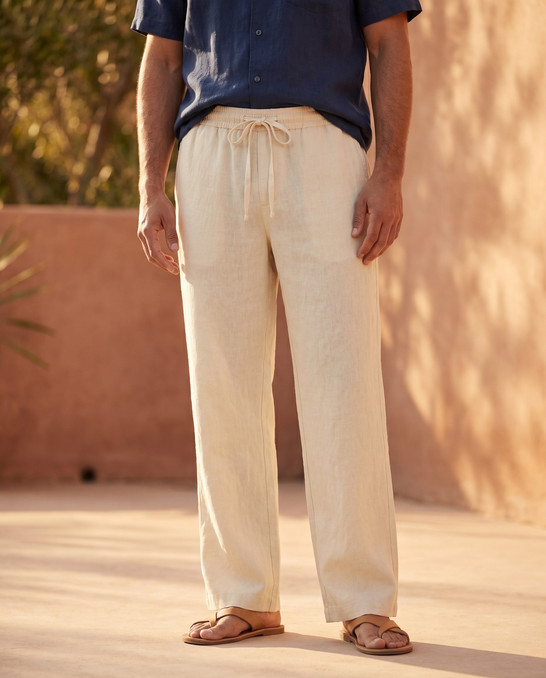 Herrebukser i linned-look cremehvid — Valmont Wear
