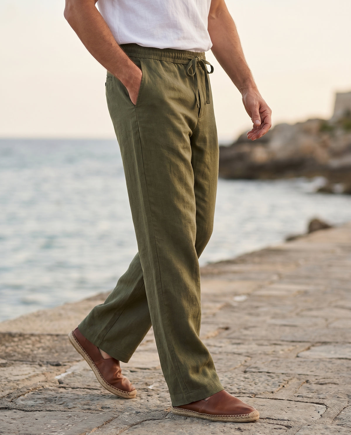 Herrebukser linned-look oliven — Valmont Wear