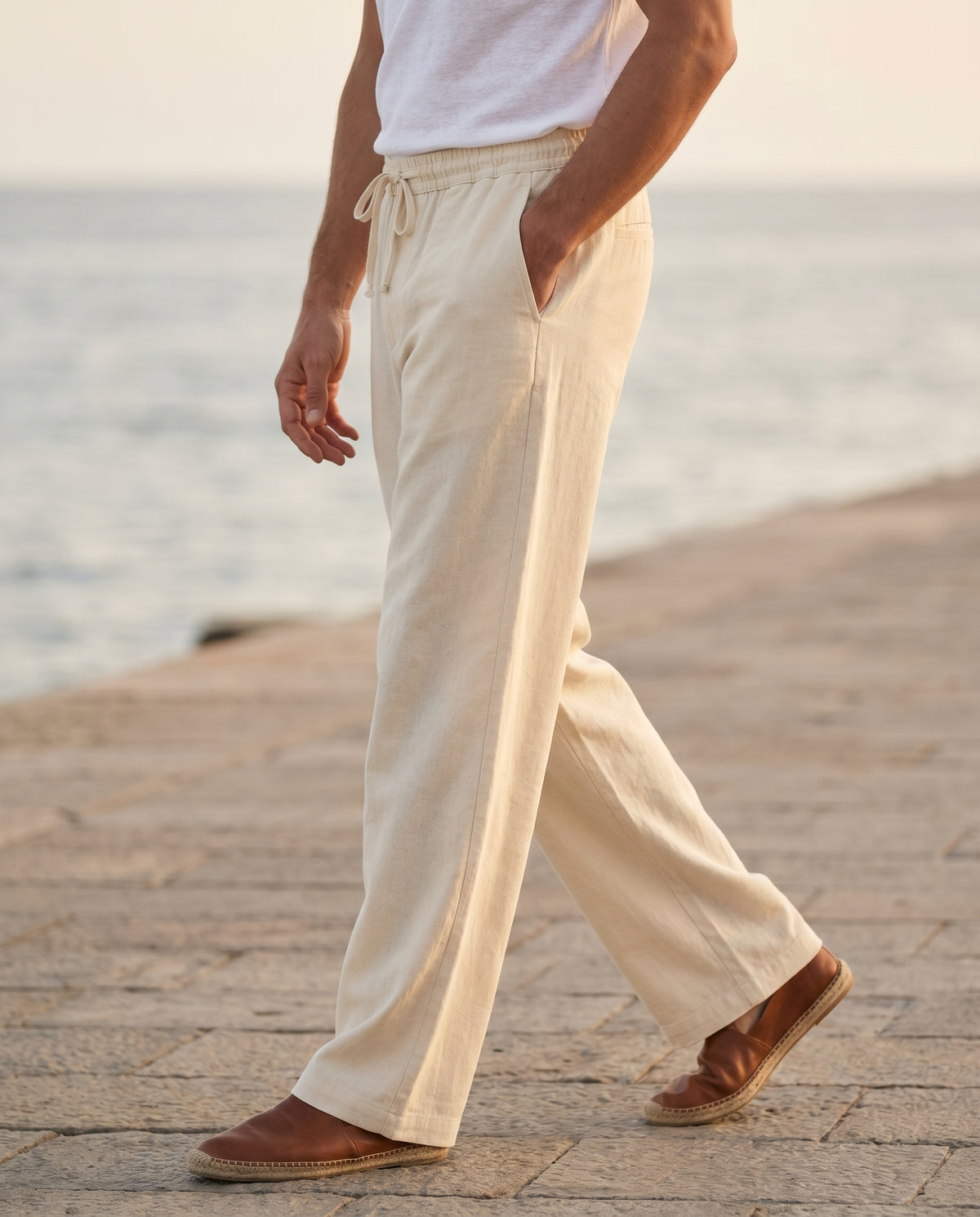 Herrebukser linned-look cremehvid - Valmont Wear