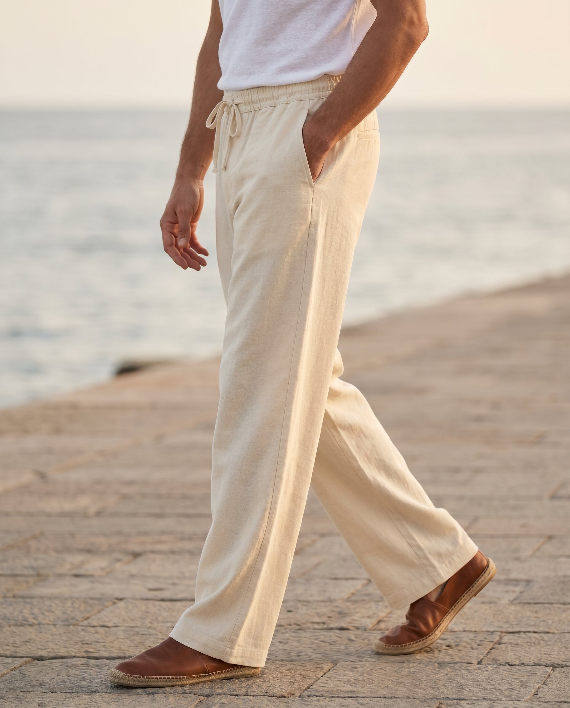 Herrebukser linned-look cremehvid - Valmont Wear