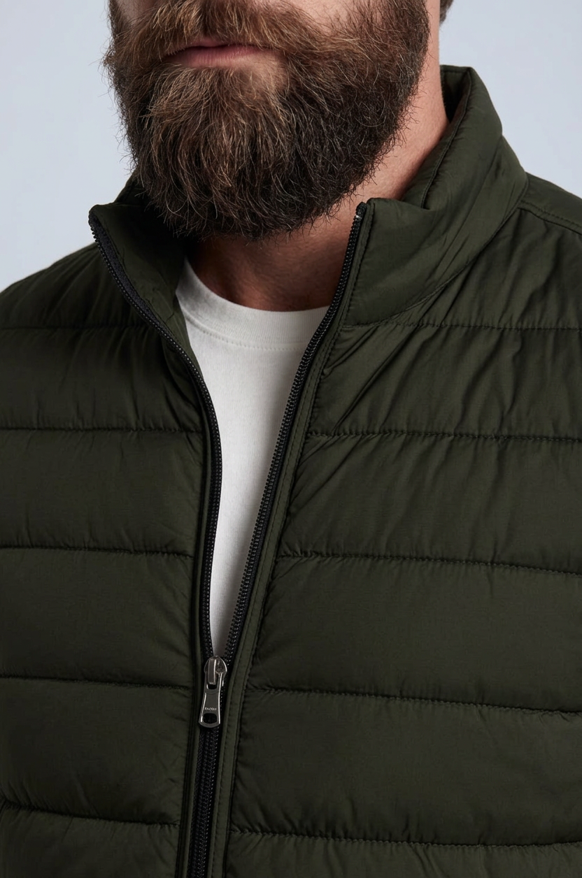 Premium Herre Mørk armygrøn Puffervest - 05 collar zipper detail