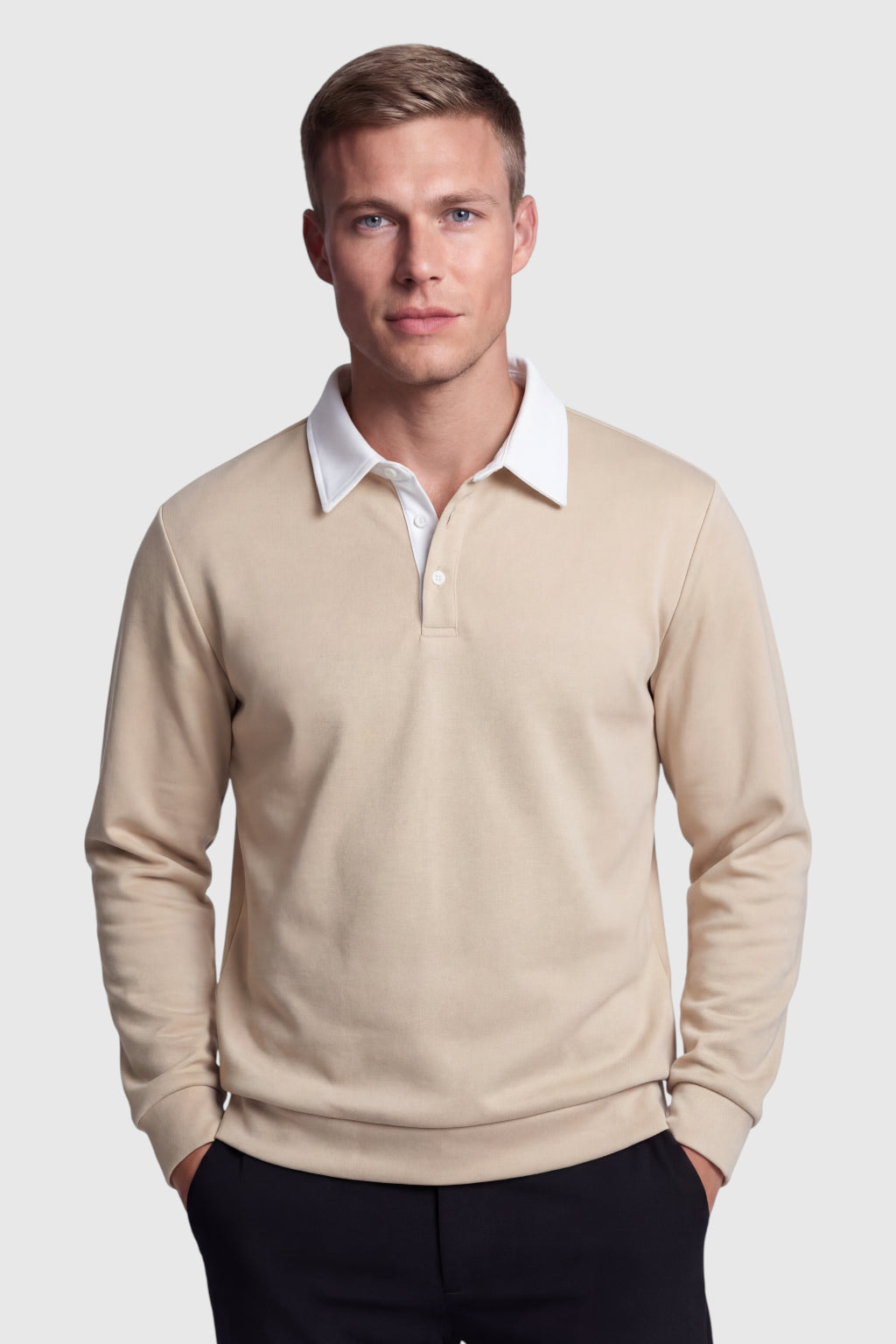 Herre Sweatshirt med Kontrastkrave og Polokrave – Beige