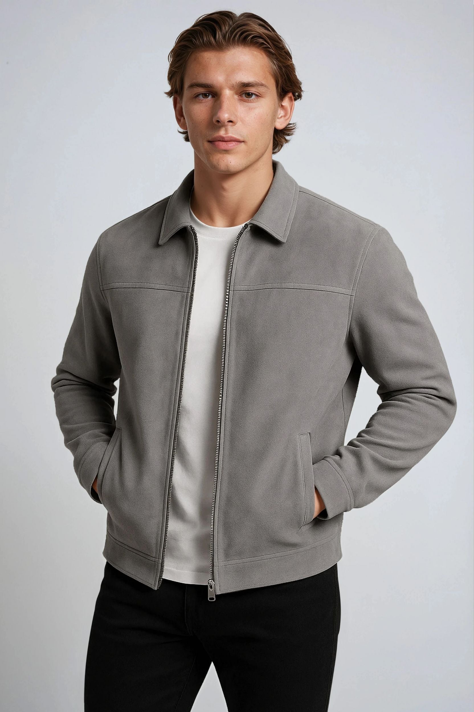 Grå Suede Jakke til Mænd – Moderne Casual Jakke - Gray - Jakker - Valmont Wear