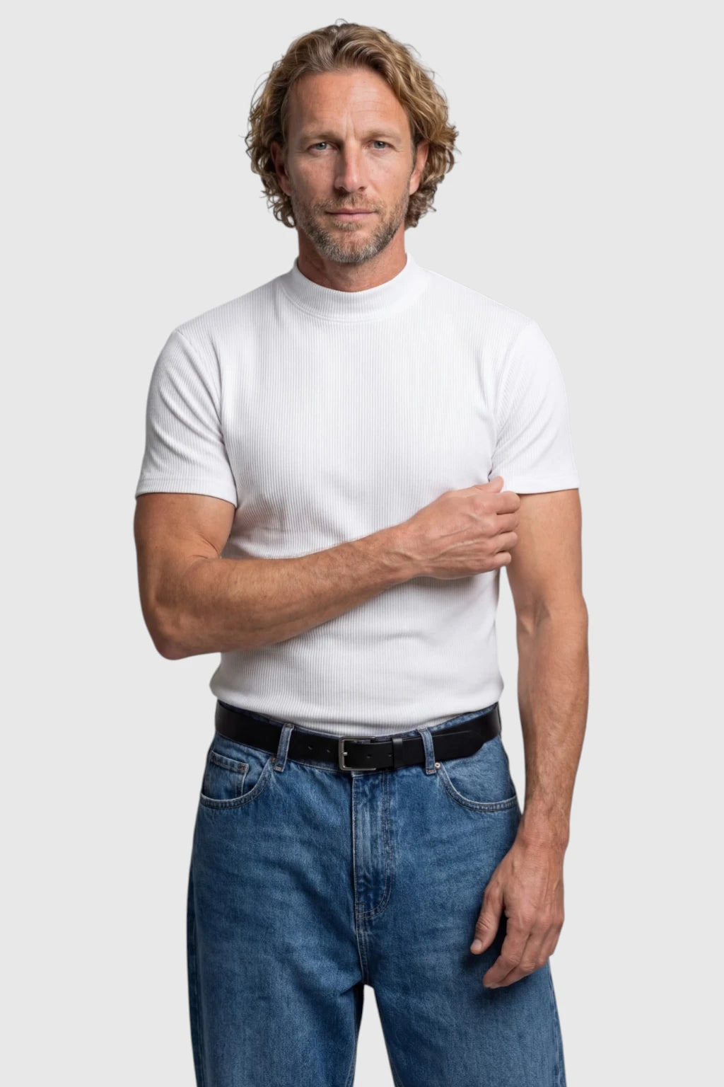 Herre Ribstrikket Mock Neck Slim Fit T-Shirt – Hvid