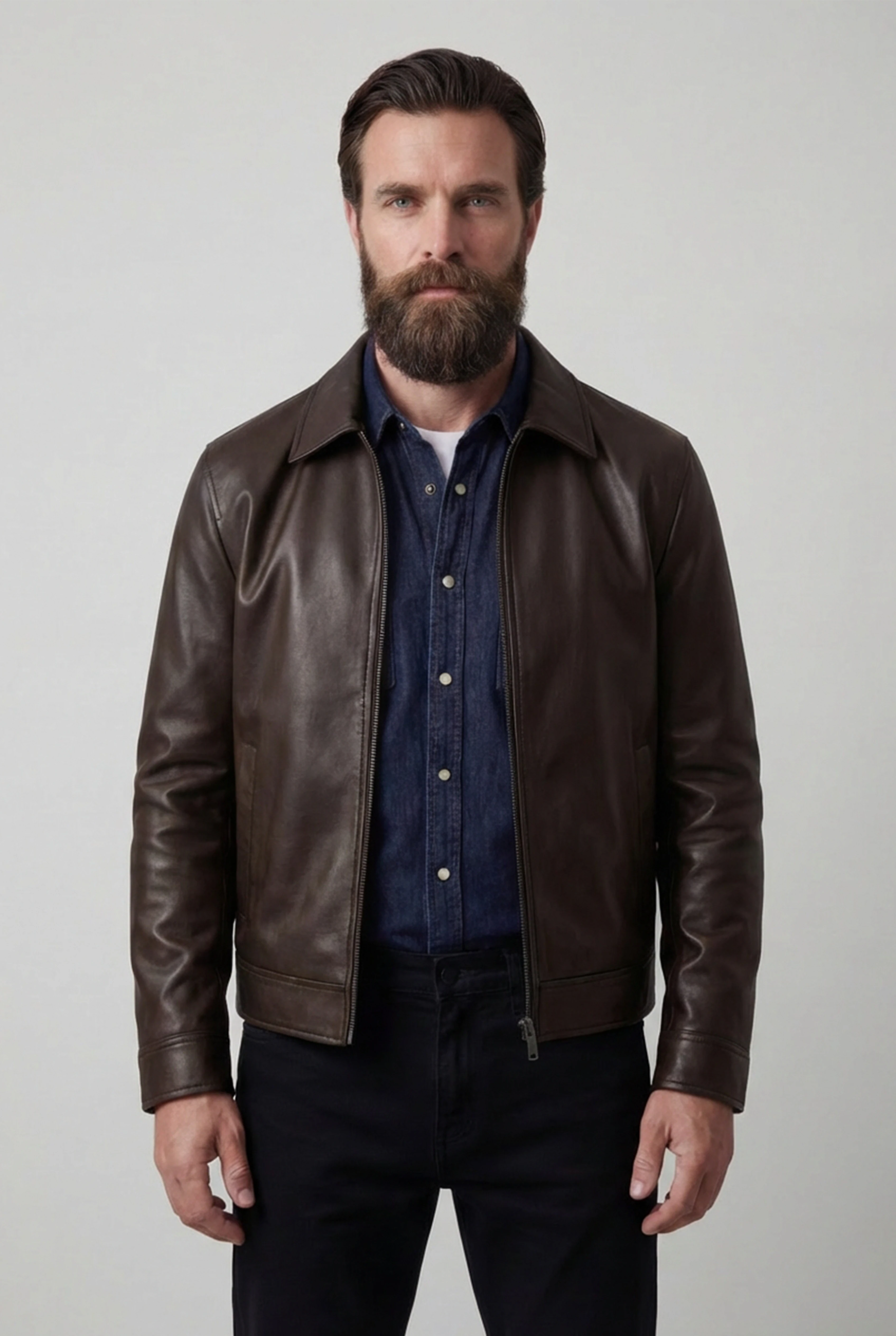 Herrejakke med læderlook og lynlåslukning – Mørkebrun