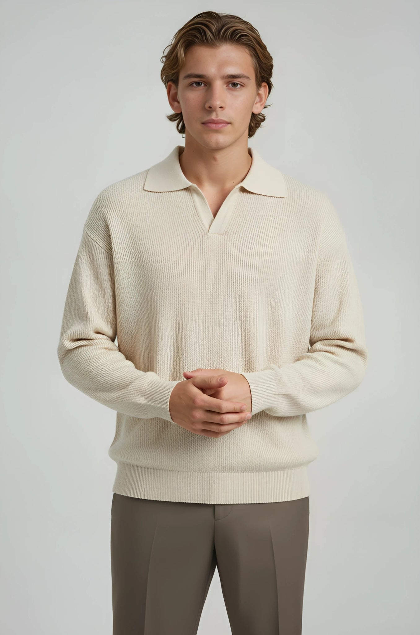 Herre polo strikskjorte med lange ærmer og krave – Creme – Regular Fit - Creme - Sweatre - Valmont Wear