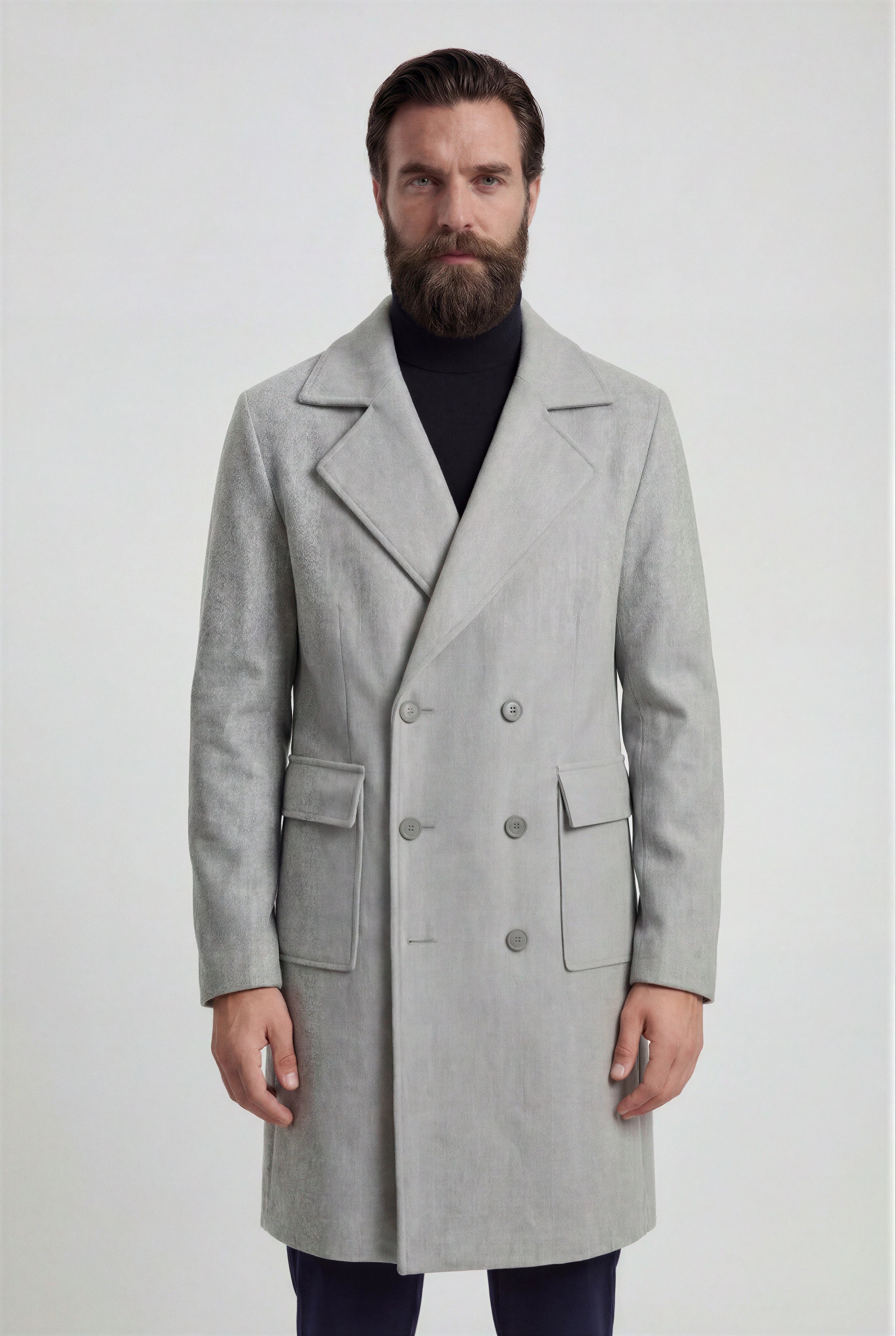 Herre dobbeltradet uldfrakke, knælængde, lysegrå