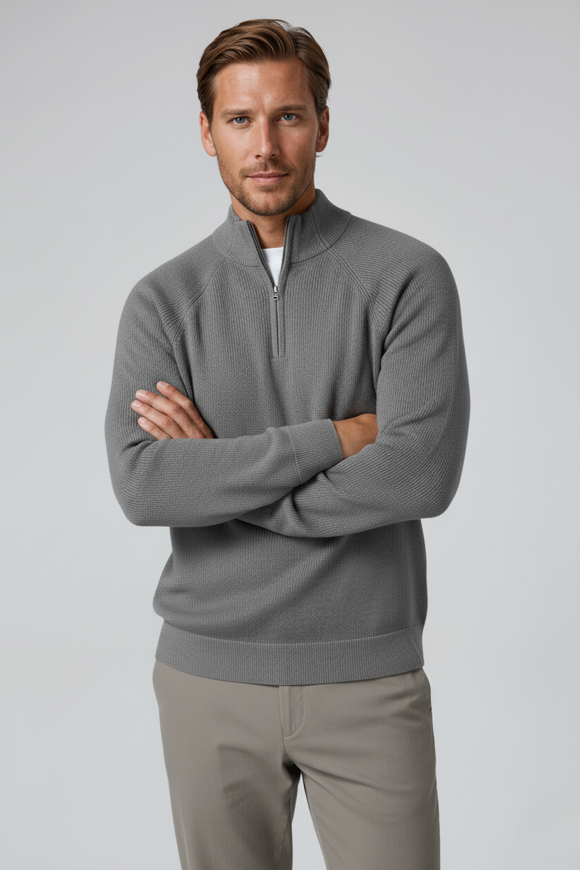 Herre Half-Zip Striktrøje med Ståkrave – Grå - - Striktrøje - Valmont Wear