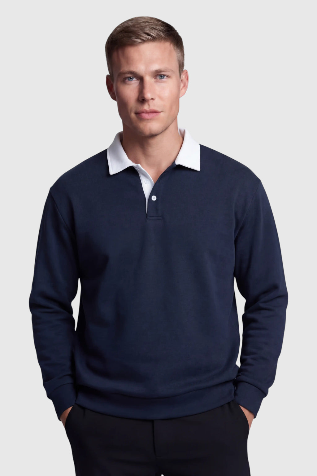 Herre Sweatshirt med Kontrastkrave og Polokrave - Mørkeblå - Striktrøje - Valmont Wear