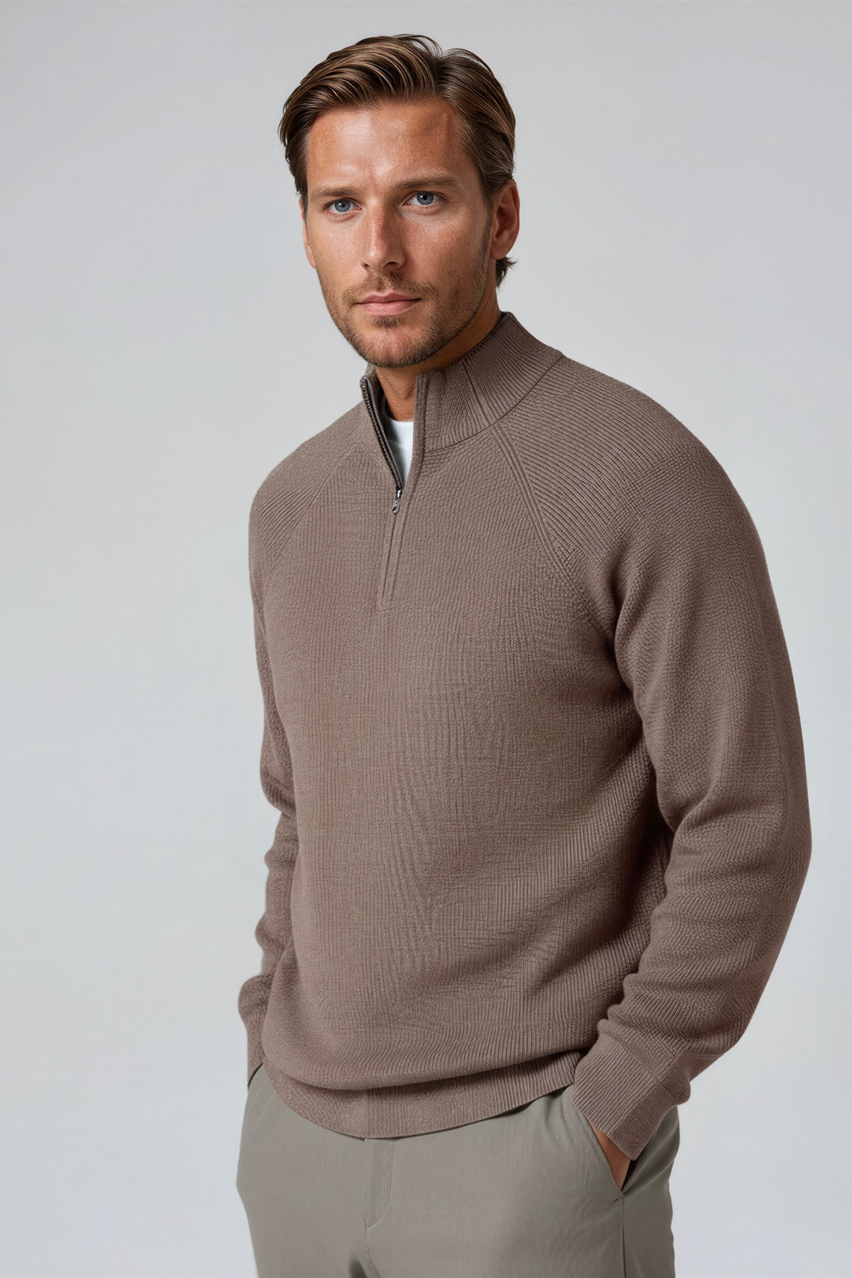 Herre Half-Zip Striktrøje med Ståkrave – Taupe Brun