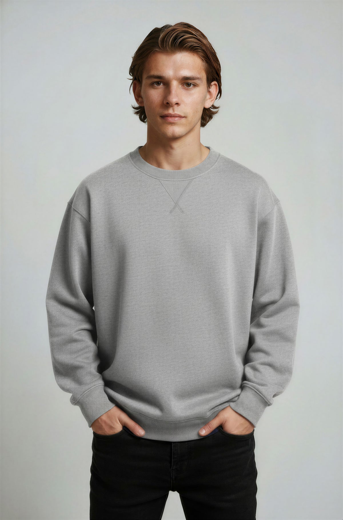 Herre Heavyweight Oversized Rundhalset Striktrøje – Grå - Grå - Sweater - Valmont Wear