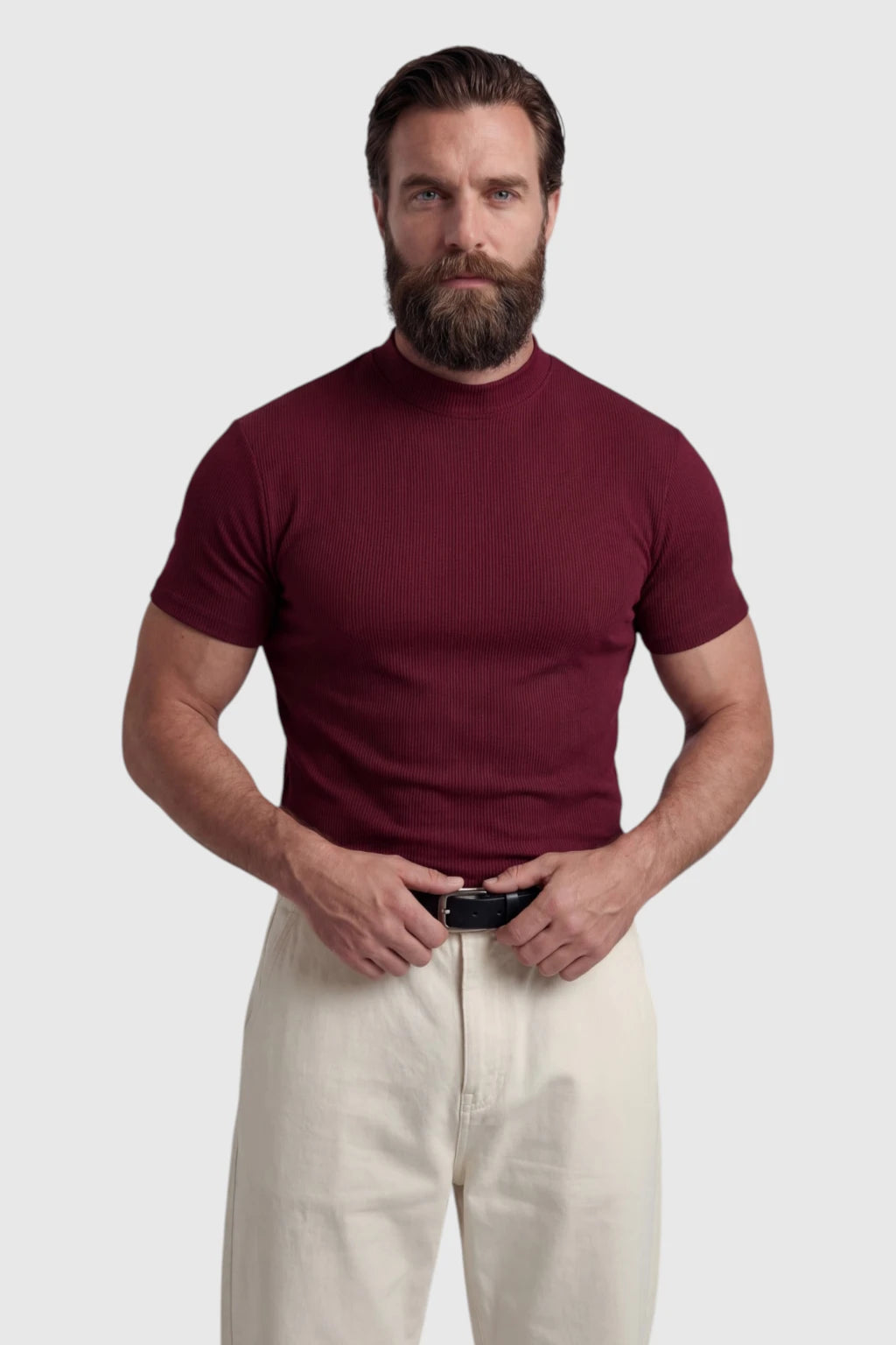 Ribstrikket Mock Neck T-Shirt Herre Slim Fit – Bordeaux