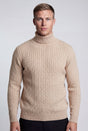 Pull homme col roulé beige en coton, maille torsadée, coupe regular