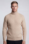 Herre Rullekrave Sweater i Beige Kabelstrikket Bomuld – Regular Fit - Beige - Sweatre - Valmont Wear
