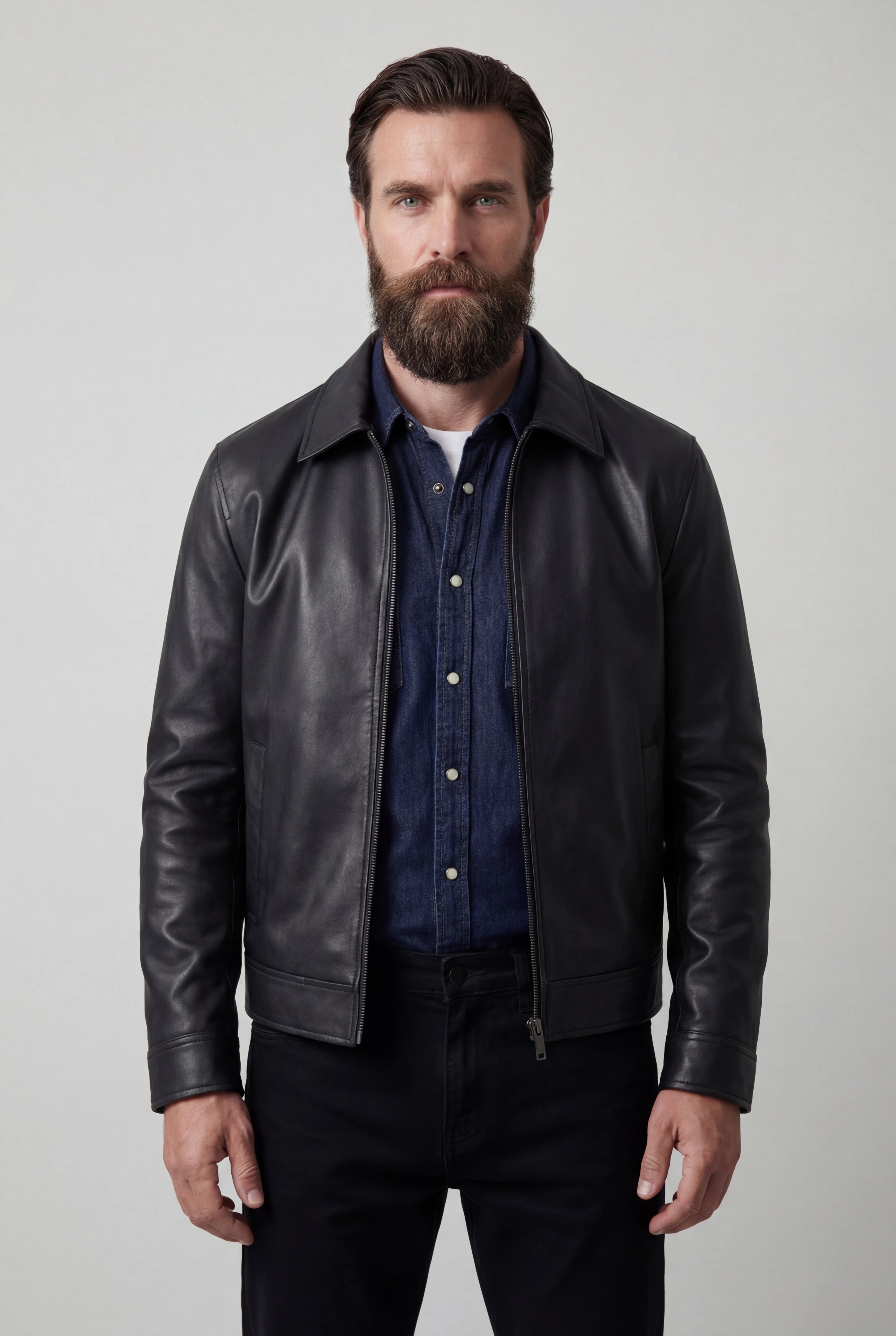 Herrejakke med læderlook og lynlåslukning – Sort
