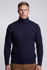 Herre Marineblå Kabelstrikket Bomulds Rullekrave Sweater - Regular Fit - Marineblå - Sweatre - Valmont Wear