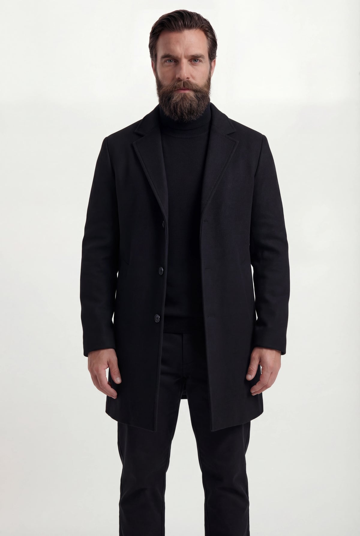 Herre enkeltradet sort frakke med revers og knaplukning