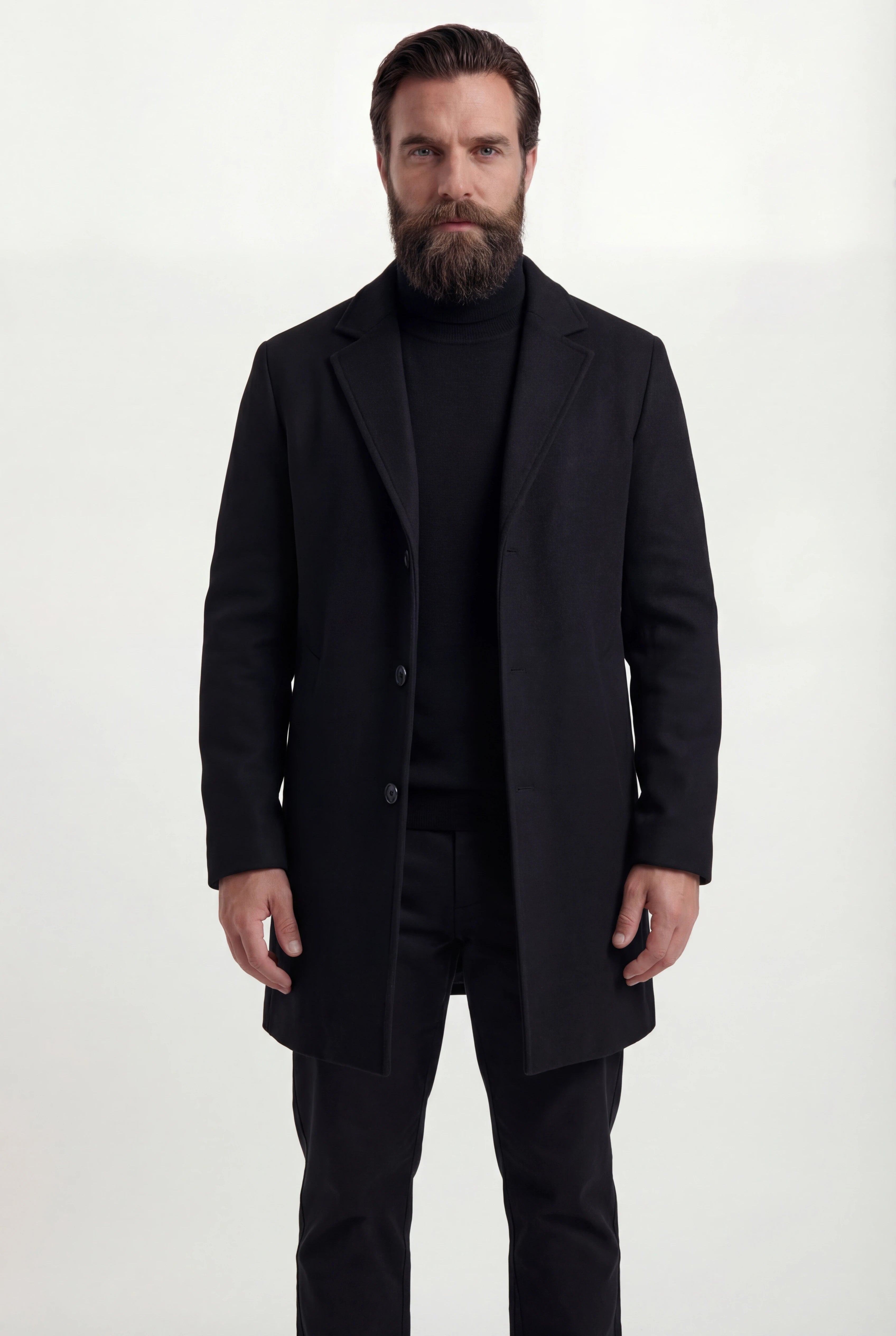 Herre enkeltradet sort frakke med revers og knaplukning