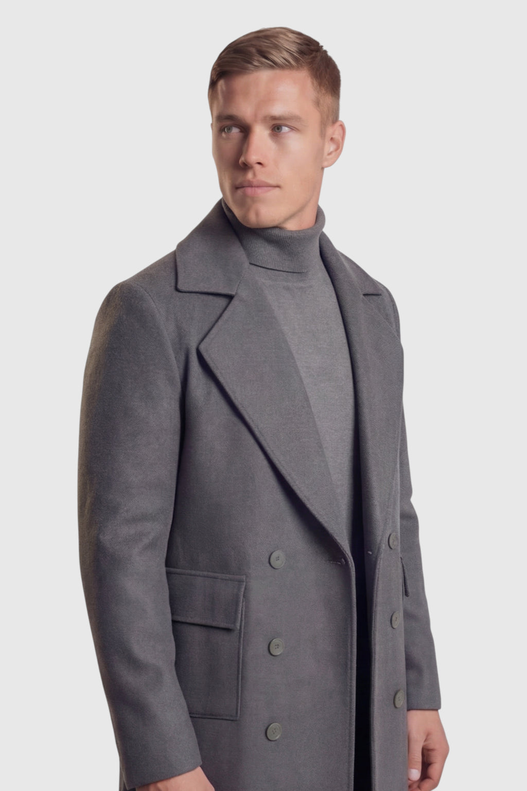 Herre Dobbeltradet Grå Uldfrakke med Klaplommer