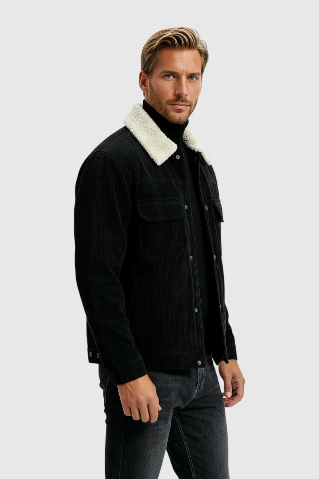 Herrejakke i fløjl med sherpa-krave og trykknapper - Sort - - Jakker - Valmont Wear