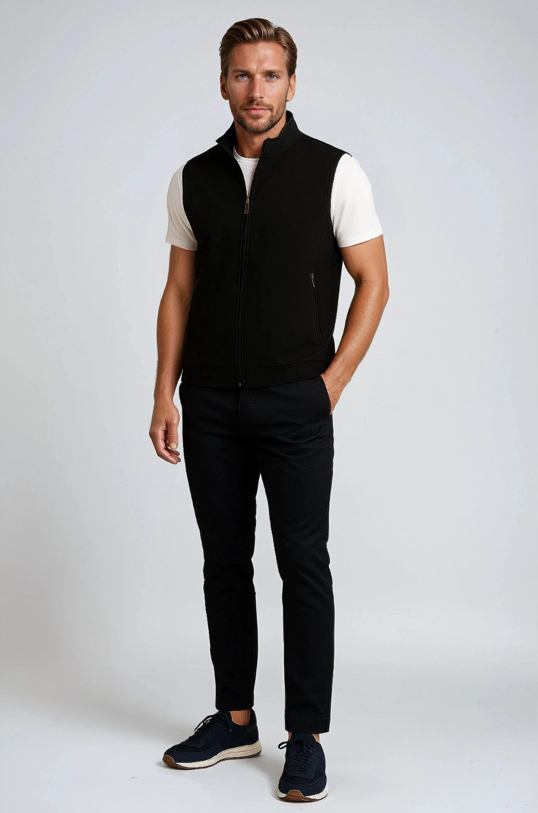 Herre Casual Ståkrave Vest med Lynlås – Sort Bomuldsblanding - - Veste - Valmont Wear