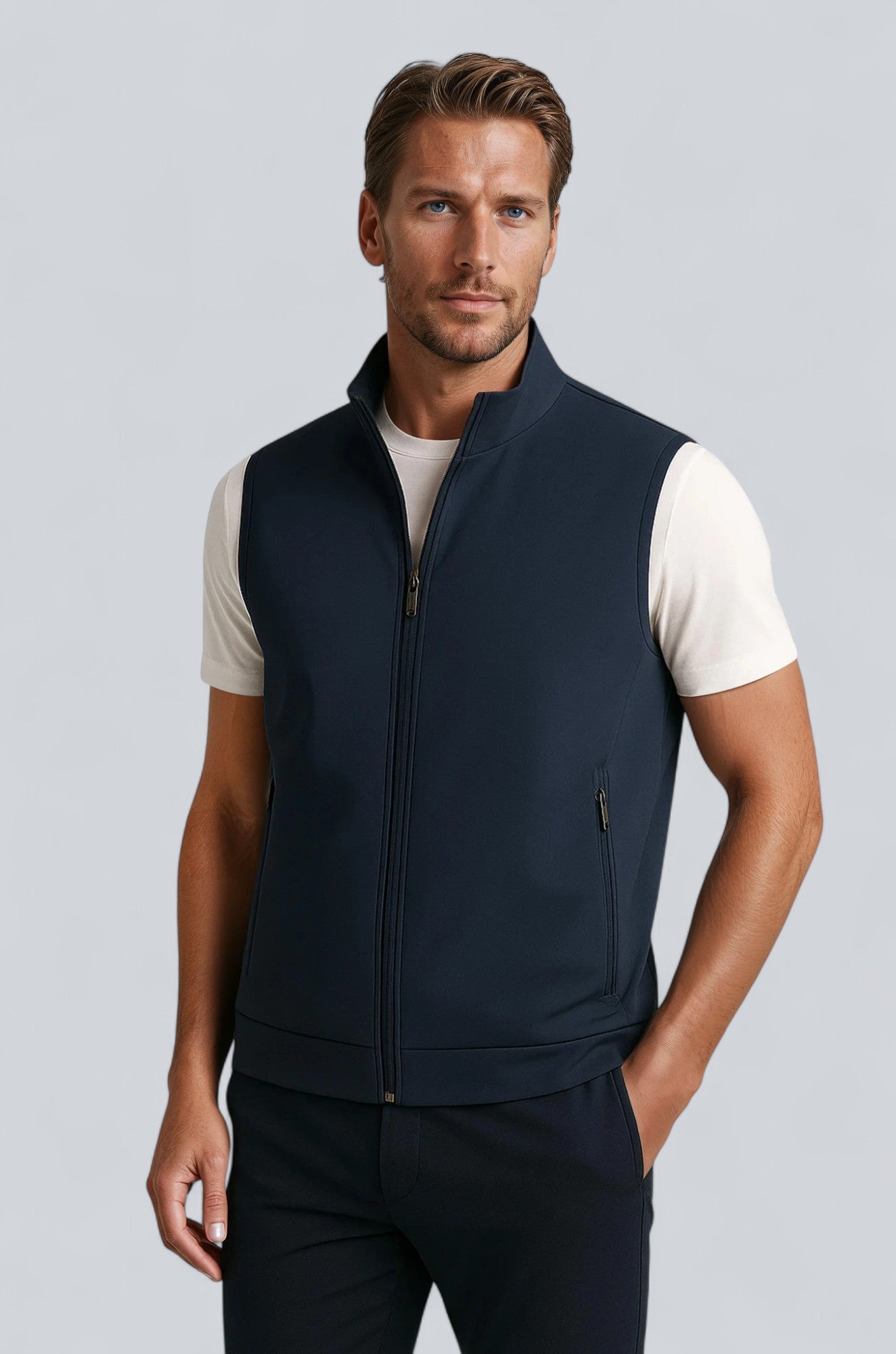 Herre Casual Ståkrave Vest med Lynlås – Marineblå Bomuldsblanding - Marineblå - Veste - Valmont Wear
