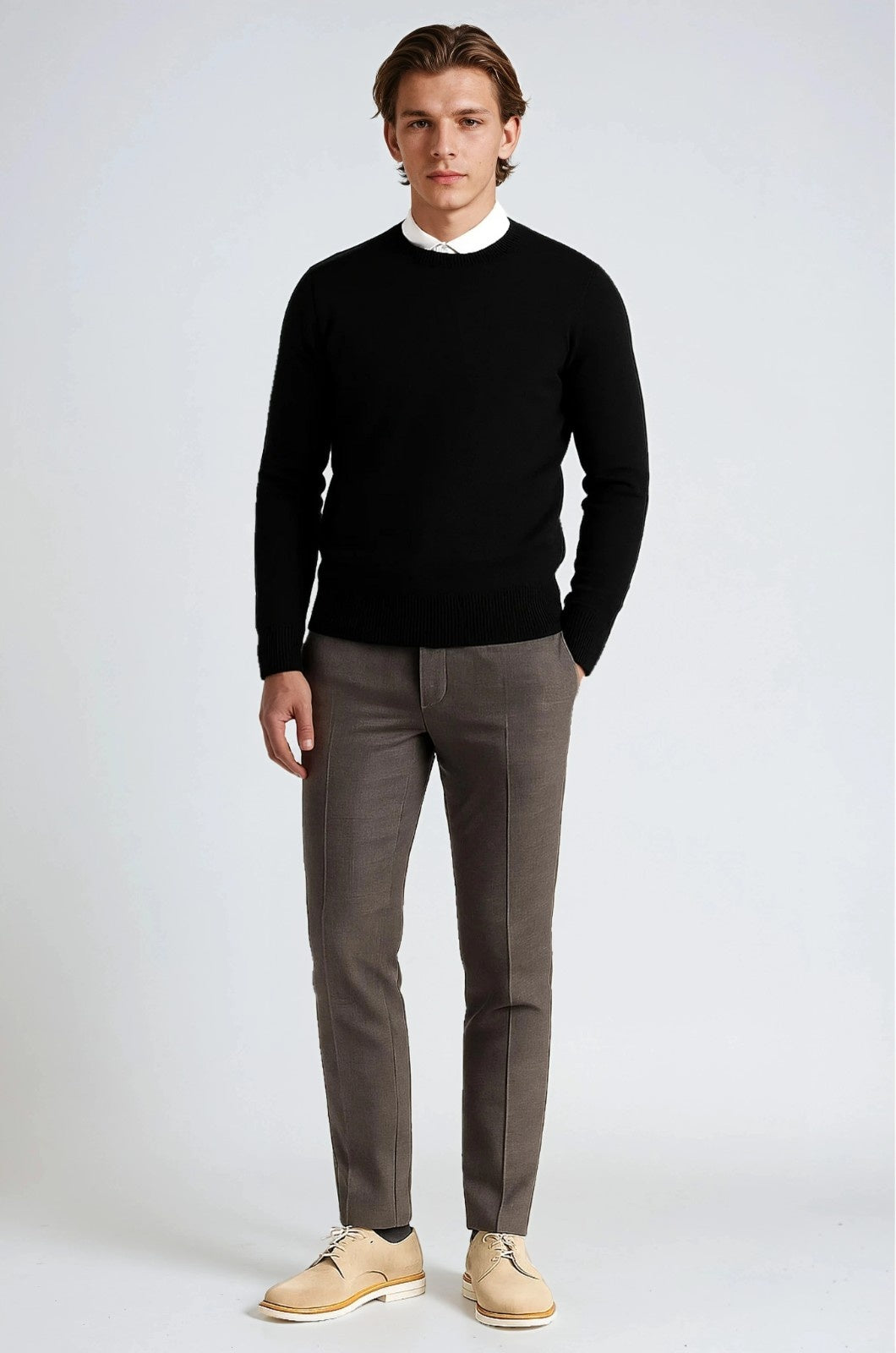Herre Klassisk Crew Neck Pullover Sweater – Ensfarvet, Ribdetaljer, Casual Fit – Sort - - Sweatre - Valmont Wear