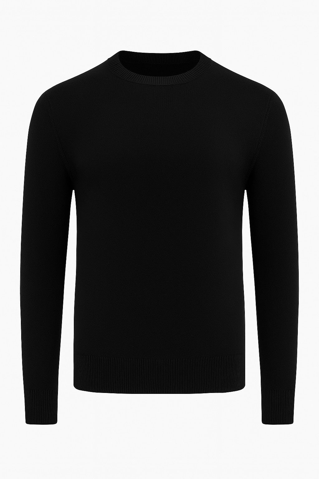 Herre Klassisk Crew Neck Pullover Sweater – Ensfarvet, Ribdetaljer, Casual Fit – Sort - - Sweatre - Valmont Wear