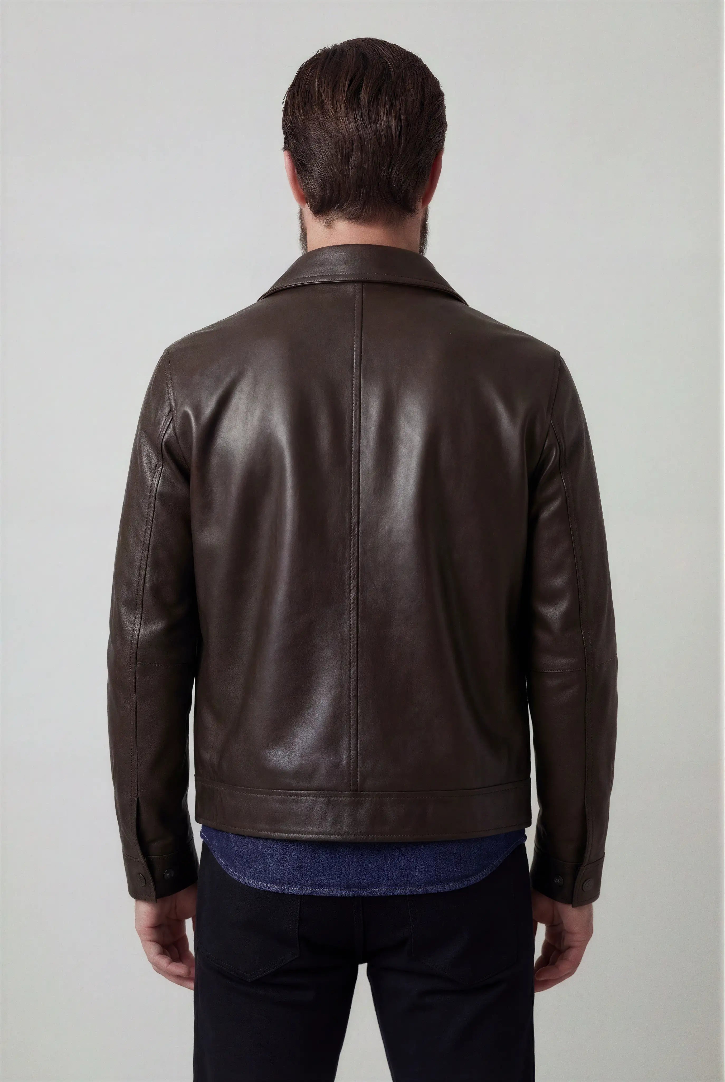 Herrejakke med læderlook og lynlåslukning – Mørkebrun
