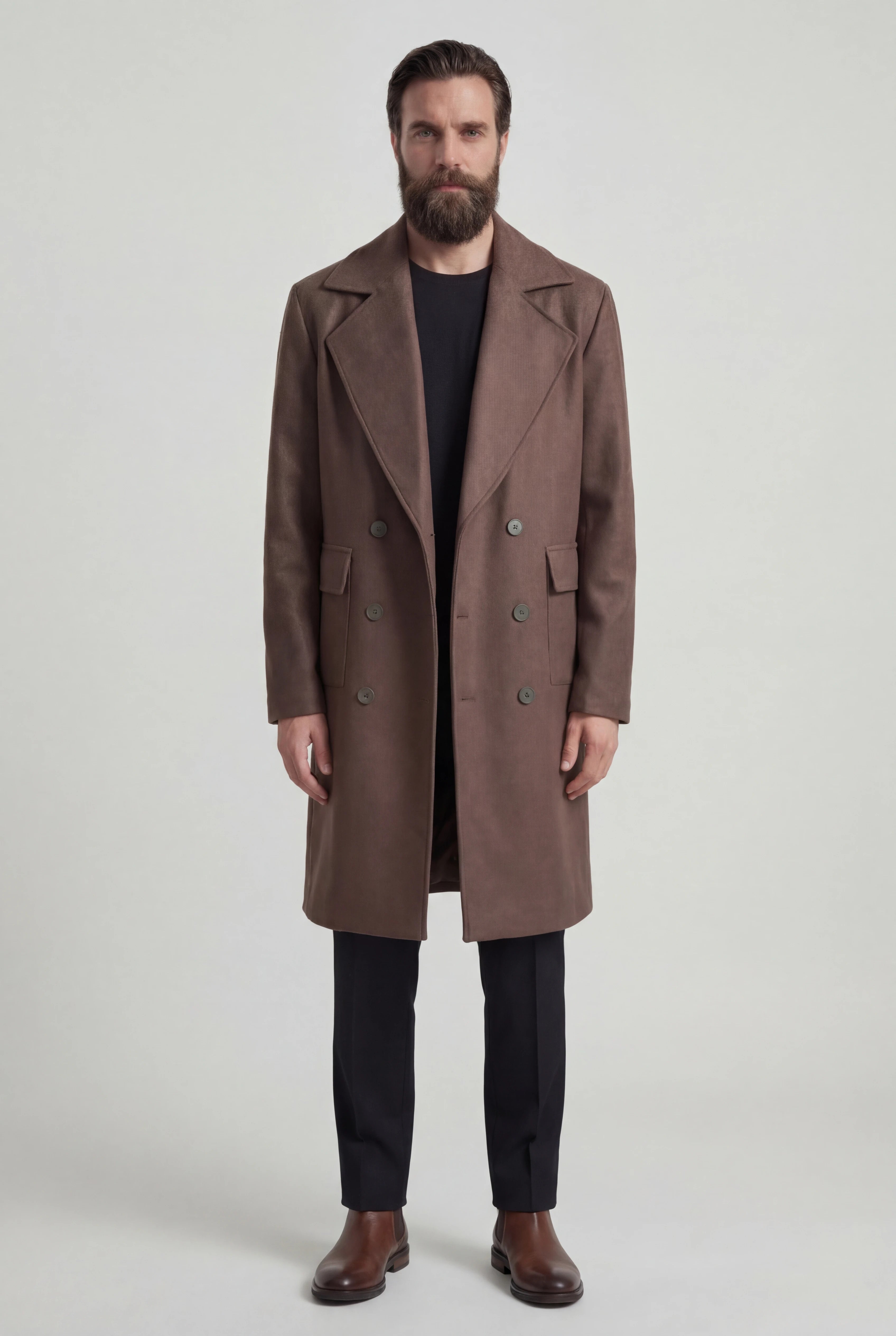 Herre dobbeltbrystet ulden frakke i brun, knælængde